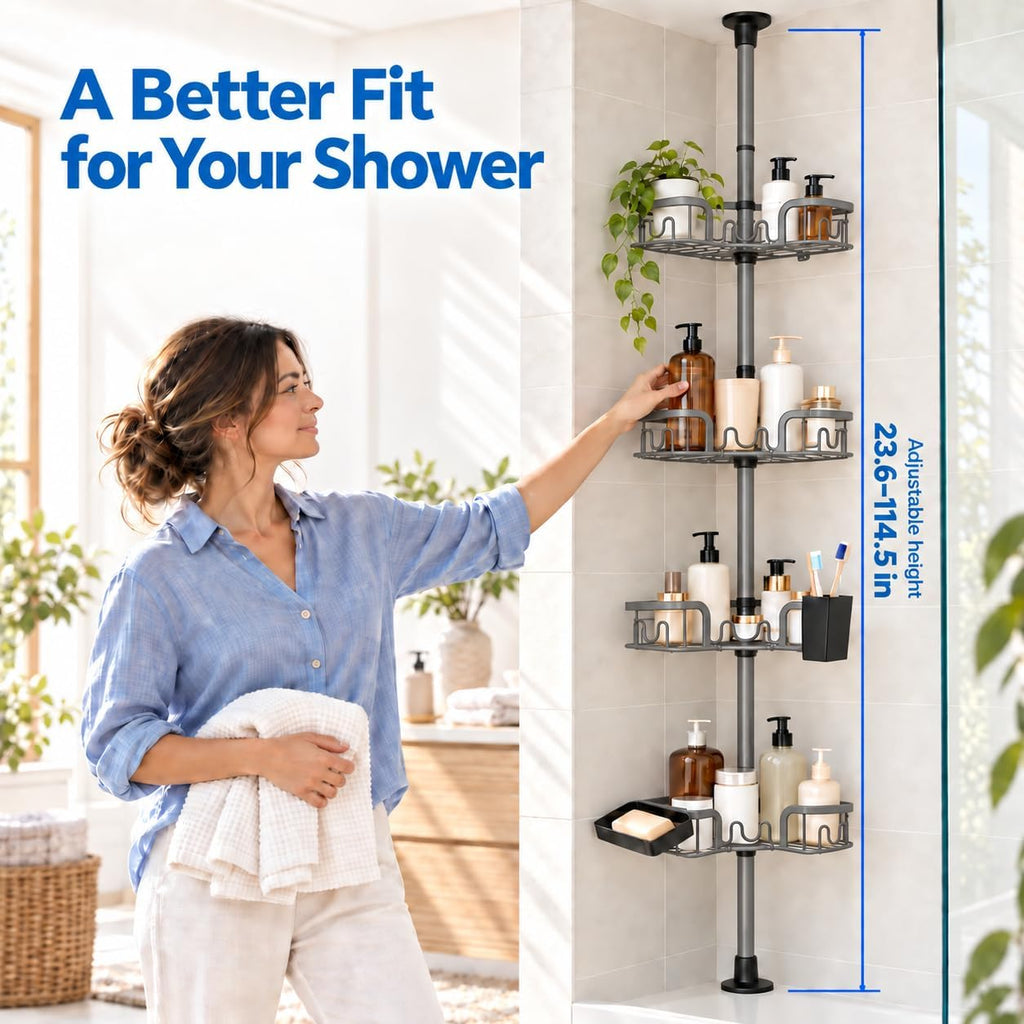 4-Tier Corner Shower Caddy Tension Pole, Floor to Ceiling Shower Corner Shelf Organizer with Soap Hold No-Drill 23.6-114.5 Inch Gray