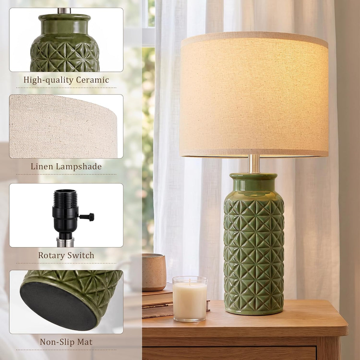 Innqoo 22.6" Modern Ceramic Bedside Lamps Set of 2, Lamps for Bedroom,Green