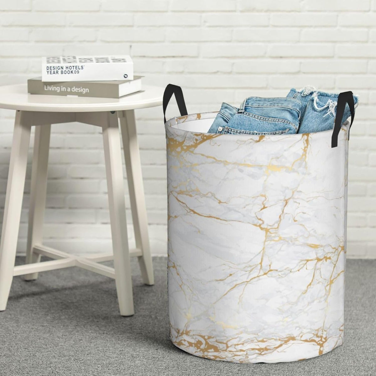 Marble Print Round Laundry Hamper Storage Basket Toys Clothes Organizer Bin For Home Bathroom Bedroom Dorm Nursery, 38l