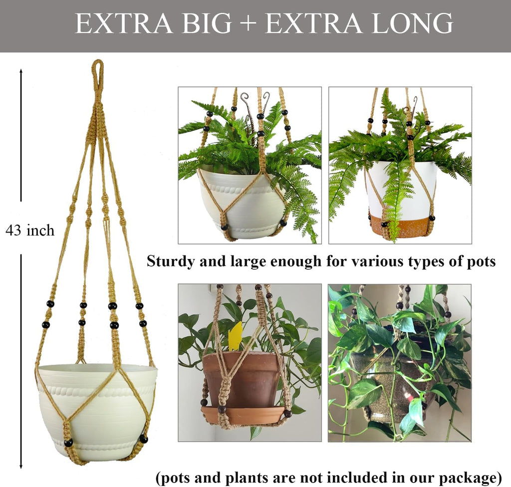 Bouqlife 43 Inches Macrame Plant Hanger Large for 14 inch Pot Extra Long No Tassel Rope Hanging Plant Holder with Ceiling Hook Bohemian Home Décor Brown 2Pack