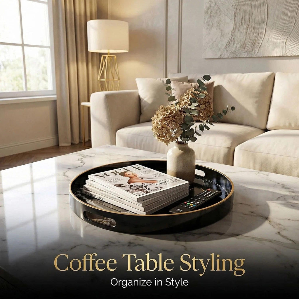 Round Decorative Tray, Marbling Plastic with Handles, Modern Vanity and Serving for Ottoman, Coffee Table, Kitchen and Bathroom, Size 13", Black