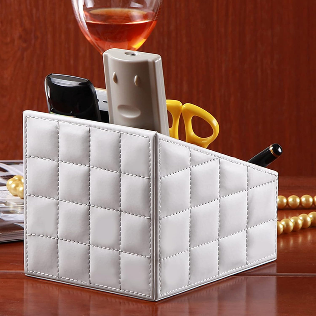 Fashionable PU Leather TV Remote Control Holder with 3 Compartments,Multifunction Desktop Organizer Holder, Media Accessory Storage & Organize Controllers (white)…