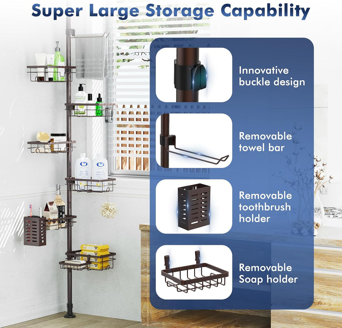 Corner Shower Caddy Tension Pole, Bathroom Organizer and Storage for Shower