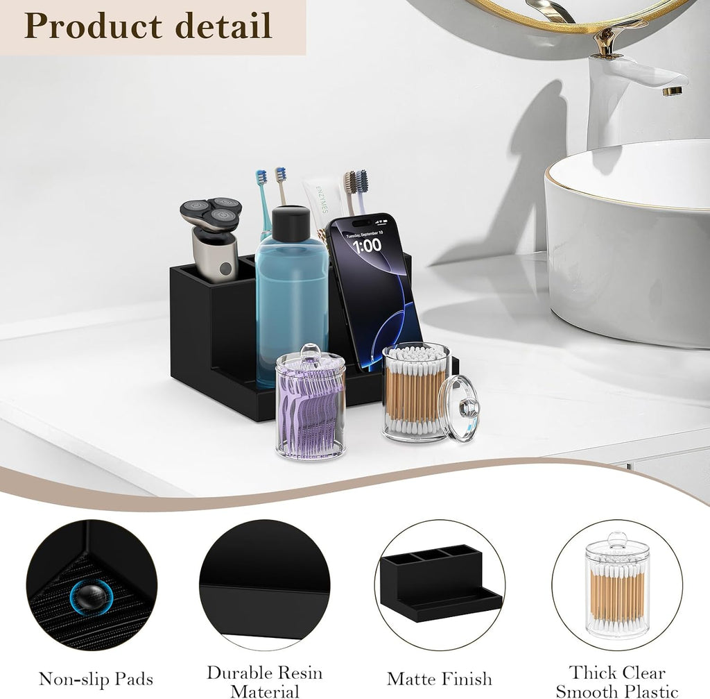 Toothbrush Holder for Bathroom with 2PCS Qtip Holder Dispenser, 3 Slot Bathroom Accessories Holder Floss Cotton Swab Holder Bathroom Vanity Tray for Oral Care Comestic Organizer Counter Storage, Black