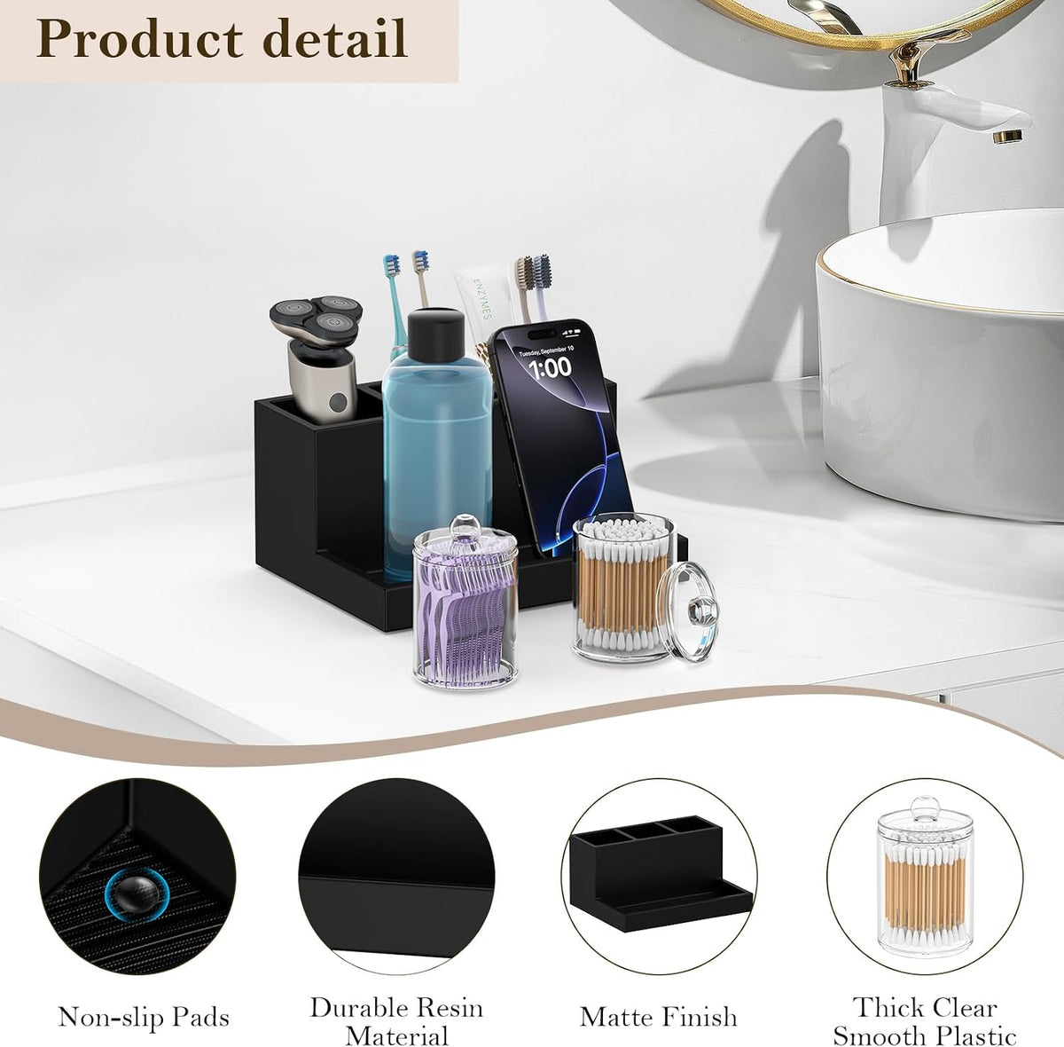 Toothbrush Holder for Bathroom with 2PCS Qtip Holder Dispenser, 3 Slot Bathroom Accessories Holder Floss Cotton Swab Holder Bathroom Vanity Tray for Oral Care Comestic Organizer Counter Storage, Black