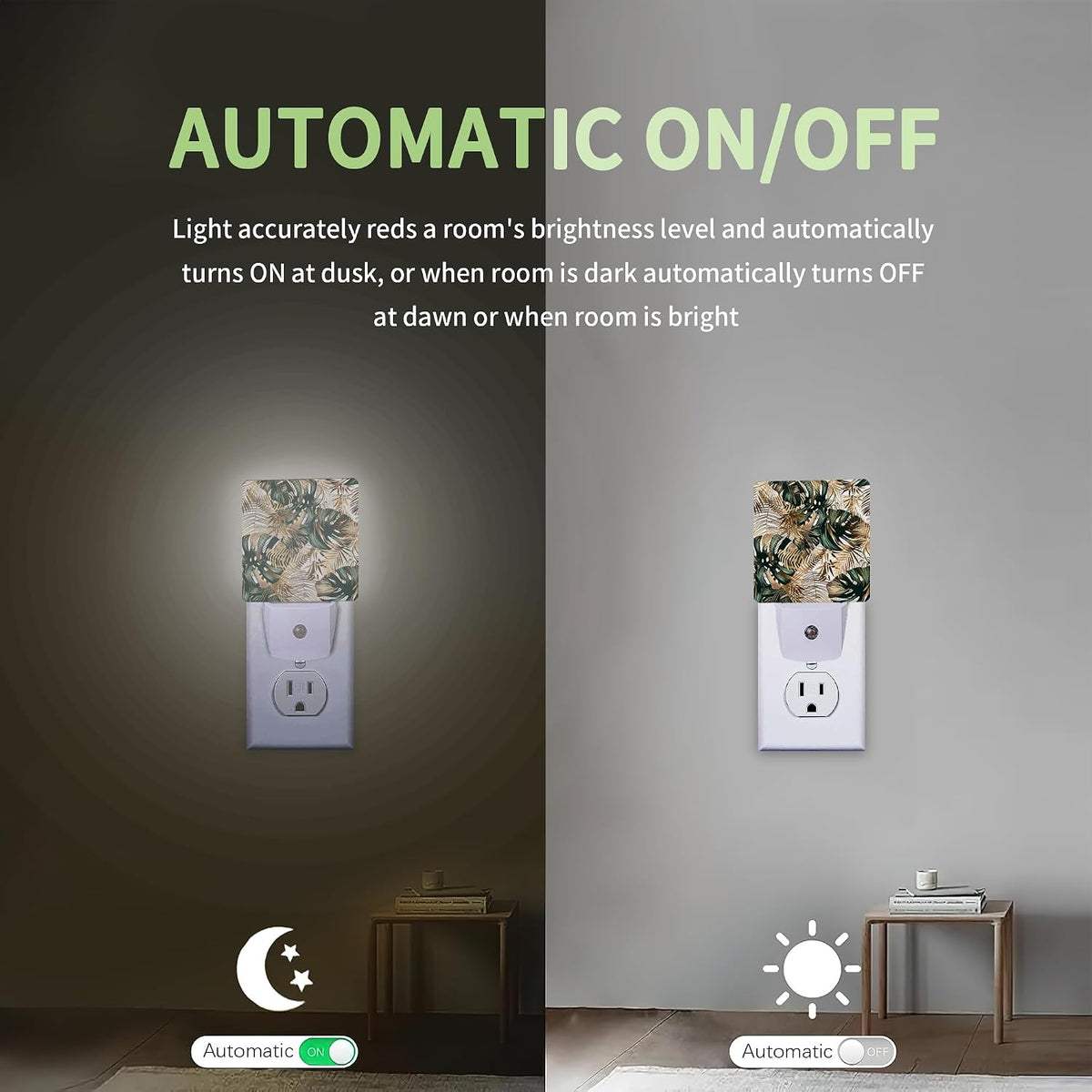 Green Gold Leaf Night Light, Tropical Palm Night Light Plug into Wall with Dusk to Dawn Sensor, LED Lamp Energy Saving Lights for Men Women Boys Girls,Lamp for Bedroom Bathroom Hallway