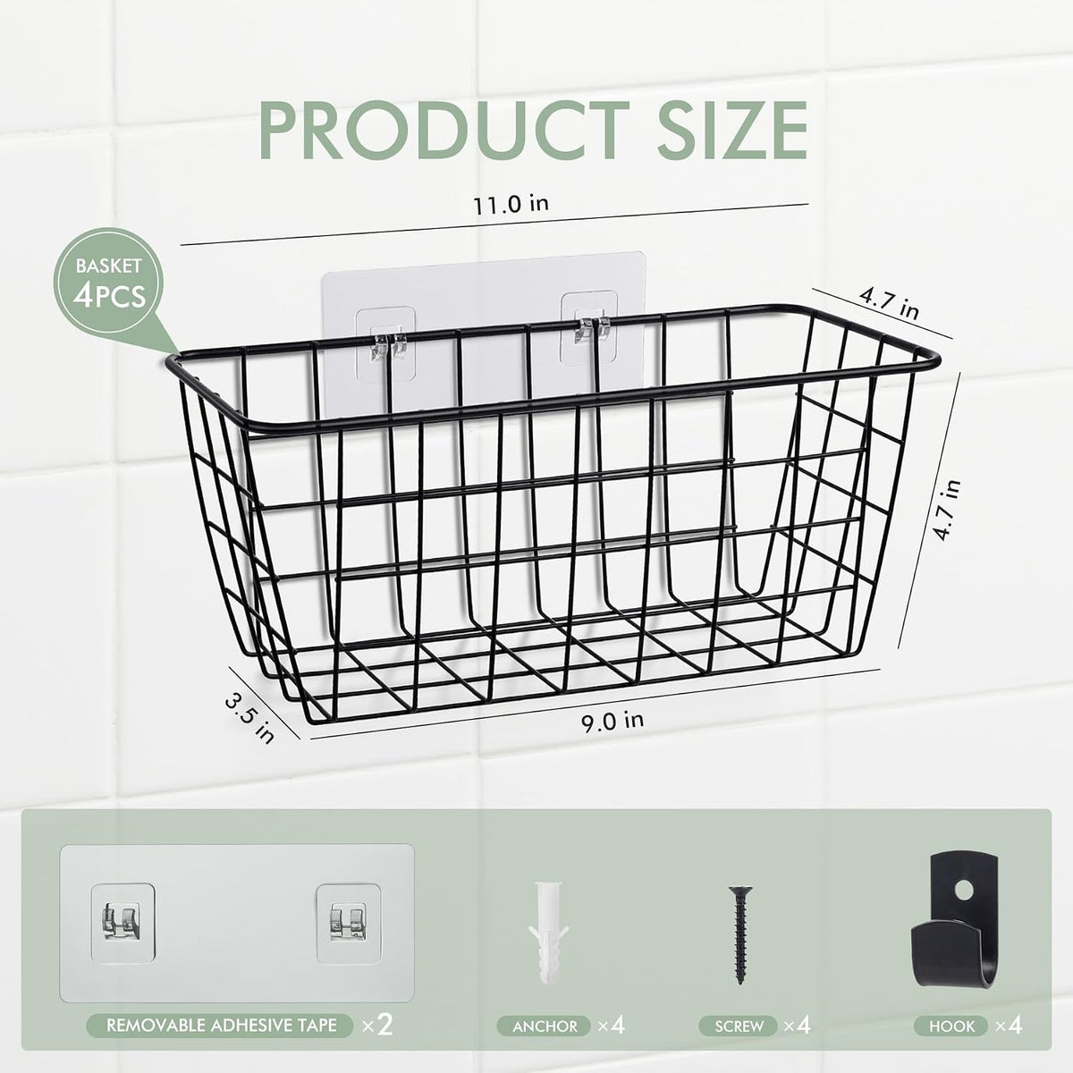 Wire Hanging Wall Basket, 4 Black Metal Baskets, Adhesive Cabinet Organizer