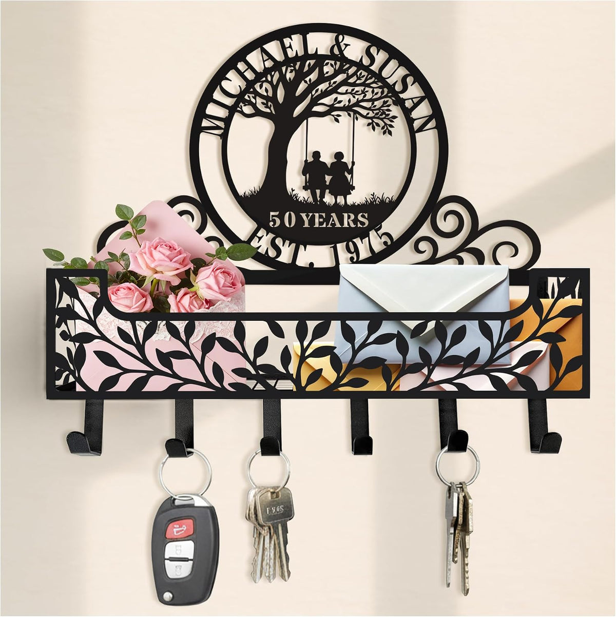 Personalized Metal Family Name Key and Mail Holder, Wall Mount Entryway Organizer with Hooks, Custom Key Rack for Kitchen, Bathroom, and Home Storage