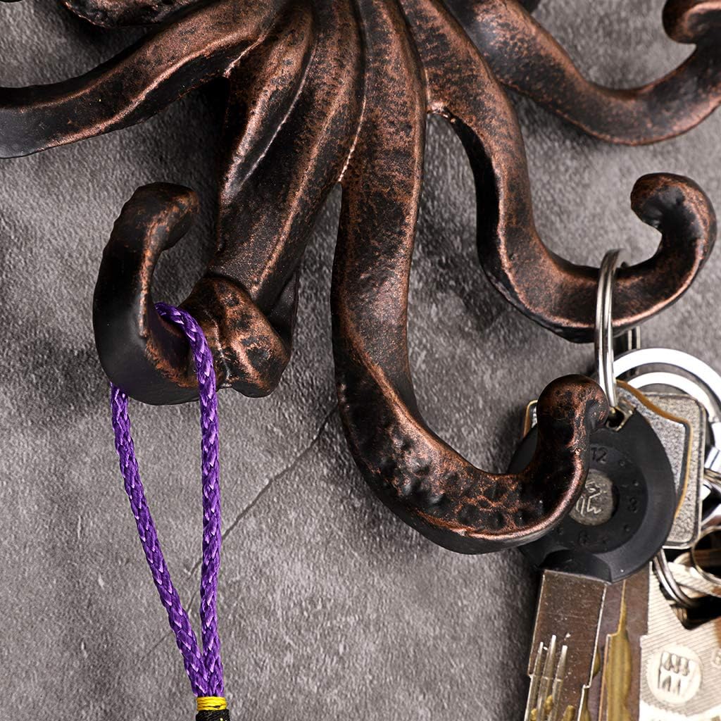 Sumnacon 6 Inch Cast Iron Octopus Decorative Coat Hook - Wall Mounted Nautical Hand Towel Rack Holder with Screws, Rustic Metal Clothing Hanger for Bedroom/Bathroom/Kitchen/Balcony, Red Bronze
