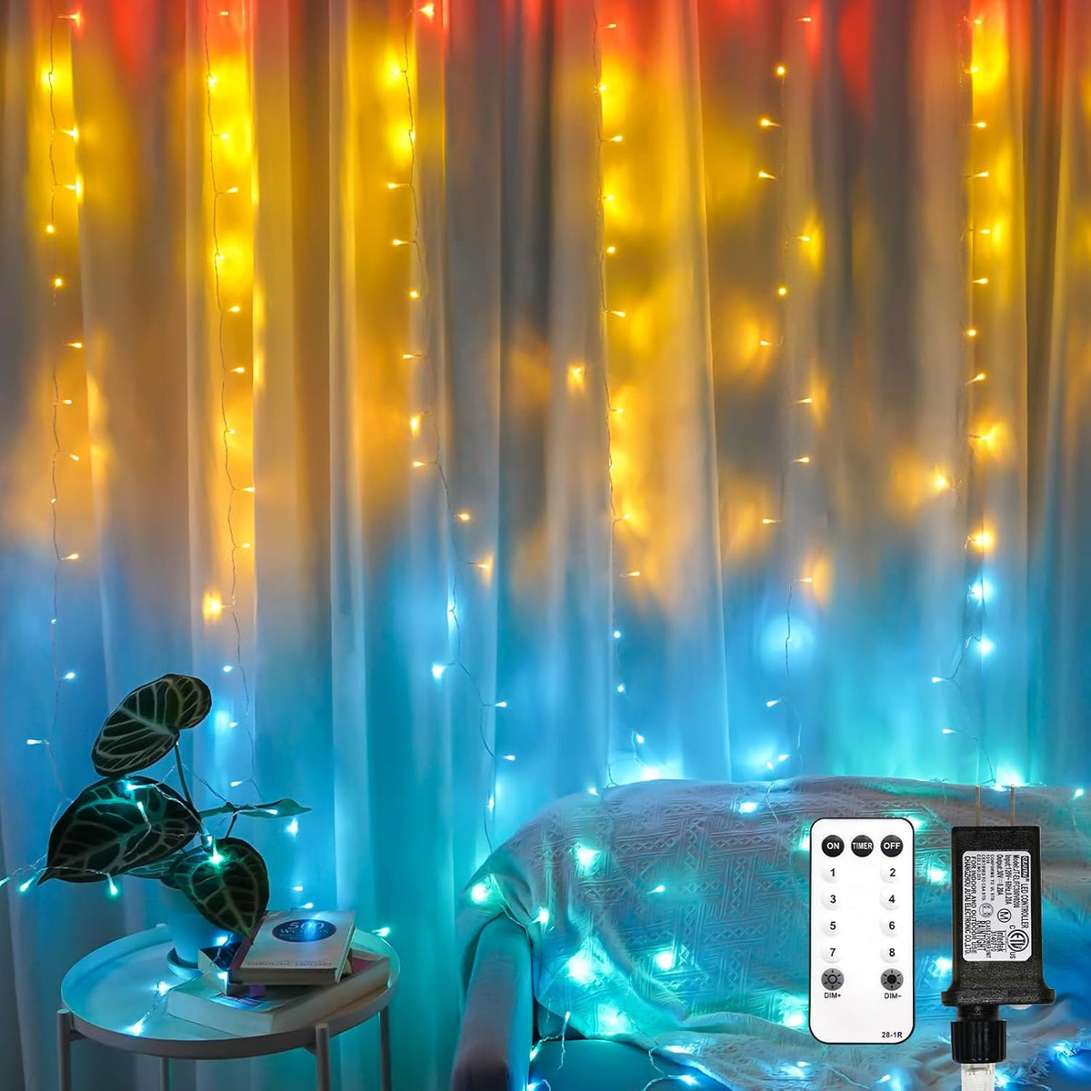 suddus Curtain Lights, 300 Led 9.8 * 9.8ft Sunset Curtain Fairy Lights