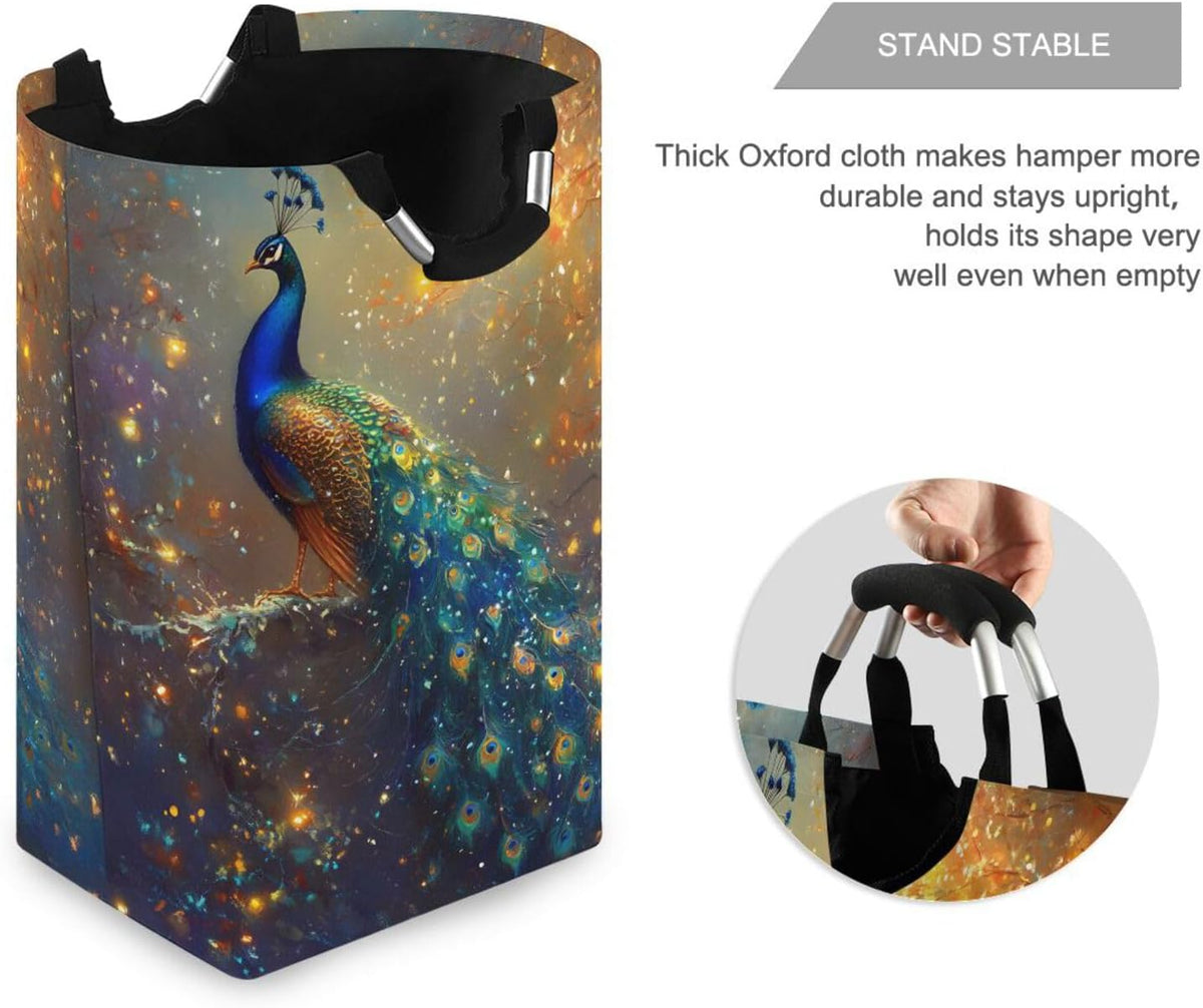 Large Laundry Hamper, Peacock Christmas Atmosphere Laundry Basket Foldable Clothes Bag with Handle Foldable Washing Bin