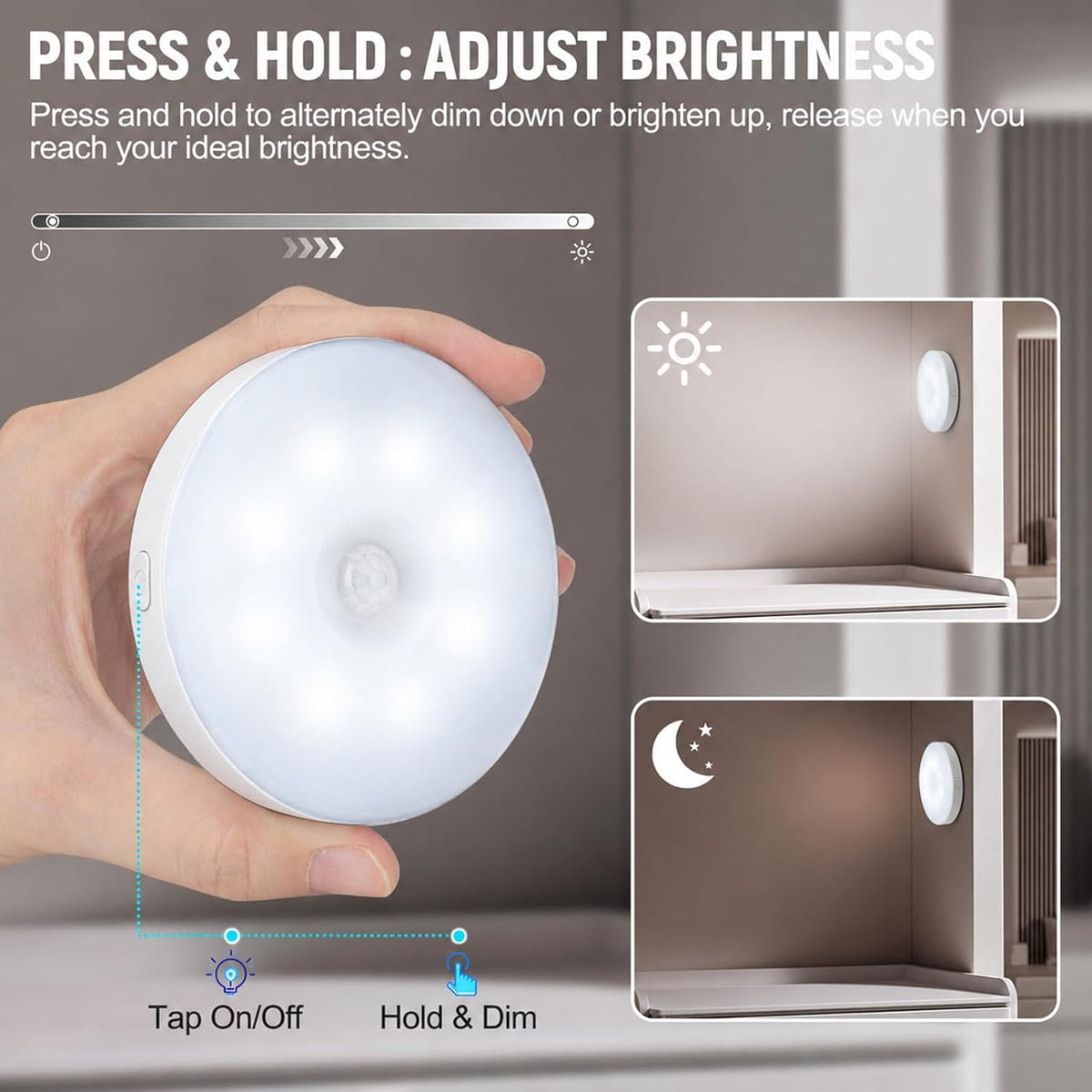 DWEPTU Motion Sensor Light Indoor, 3 Light Modes, Dimmable Cool White, Rechargeable Night Lights, Magnetic Puck Lights for Cruise Cabinet Bathroom Hallway Stairway (2 Pack)