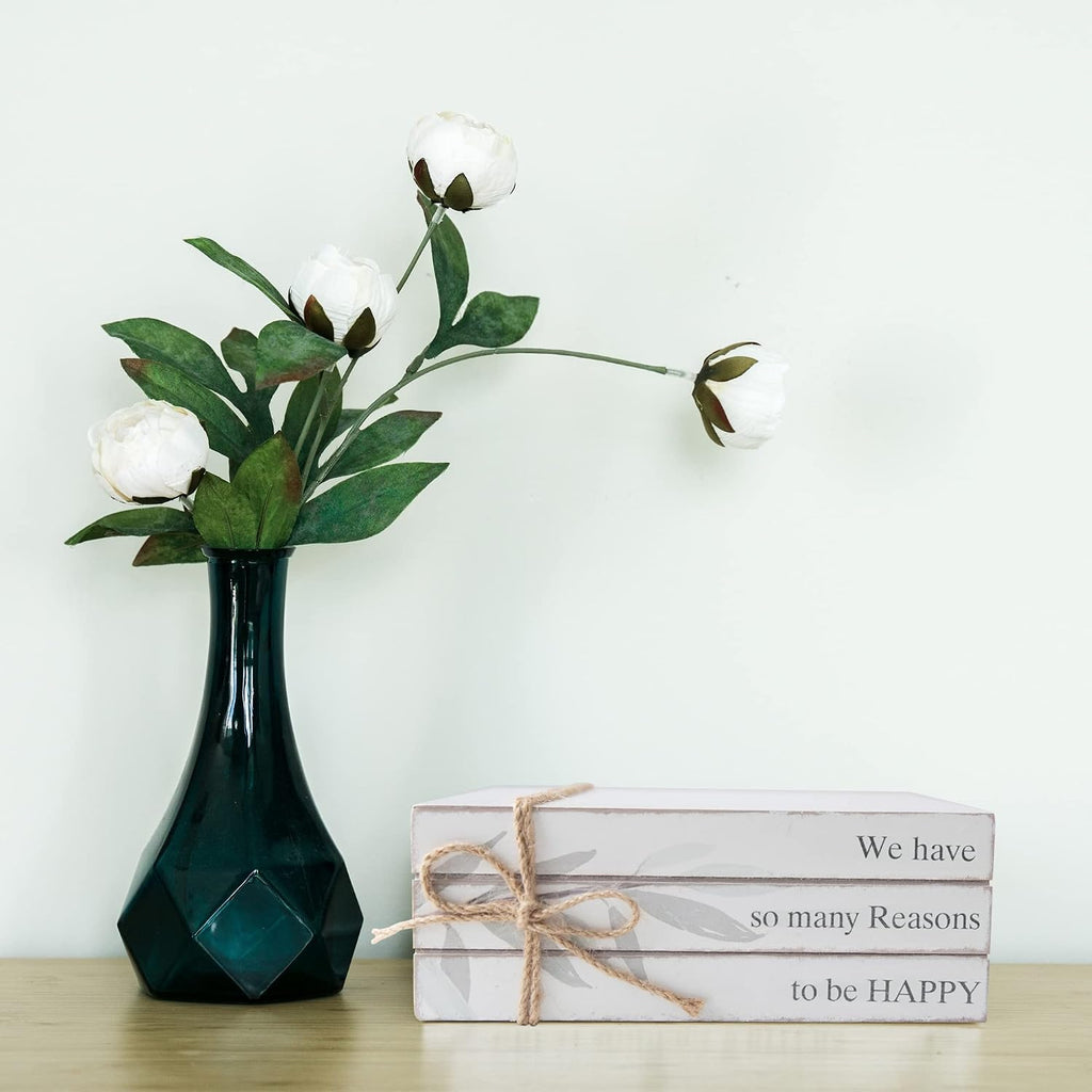 GENMOUS Faux Decorative Books Set for Home Decor, Stacked Wood Books with Wood Beads for Living Room Decor, Faux Books for Display, Shelf Decor, Mantel Decor, Farmhouse (Happy)