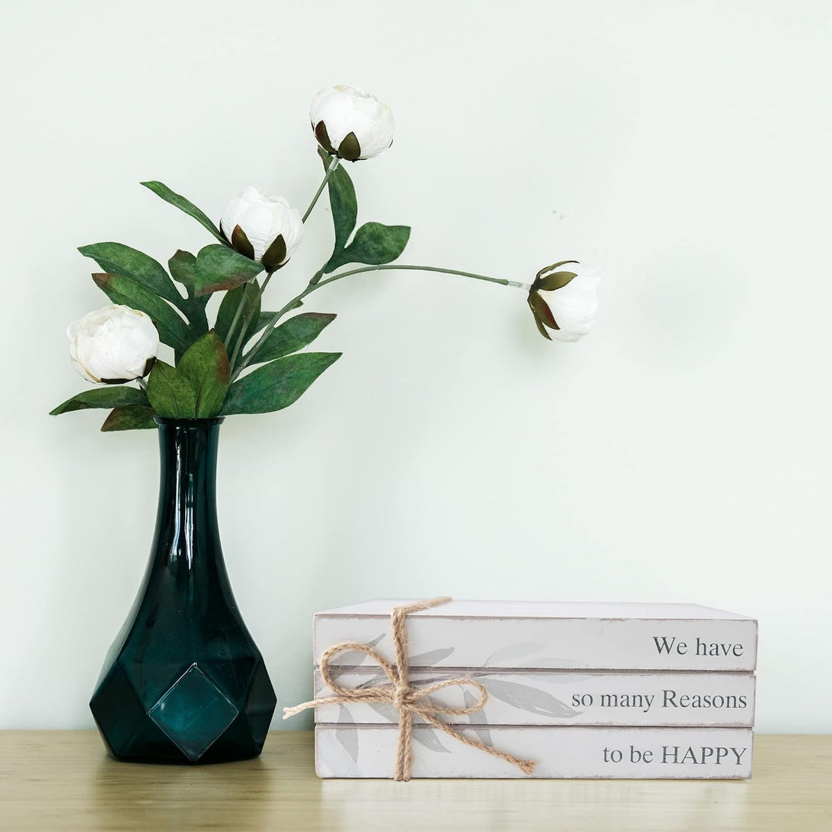 GENMOUS Faux Decorative Books Set for Home Decor, Stacked Wood Books with Wood Beads for Living Room Decor, Faux Books for Display, Shelf Decor, Mantel Decor, Farmhouse (Happy)