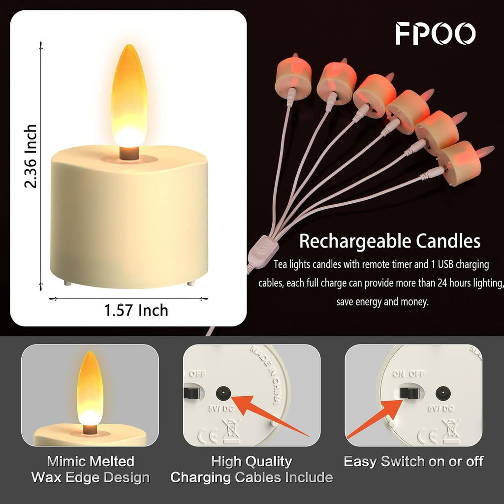 FPOO Rechargeable Tea Lights with Remote Timer, 6 Flameless Votive Candles