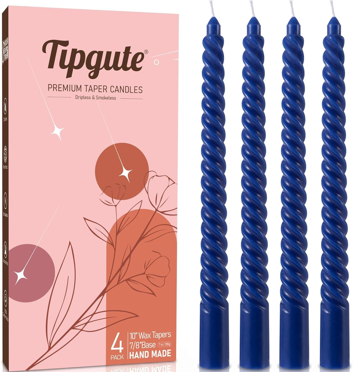 Royal Blue Spiral Taper Candles 4 Pack 7/8 X 10 Inch Smokeless Unscented Long Tall Twisted Candle Sticks for Home Decor Dinner Table Party Wedding Christmas Candlesticks