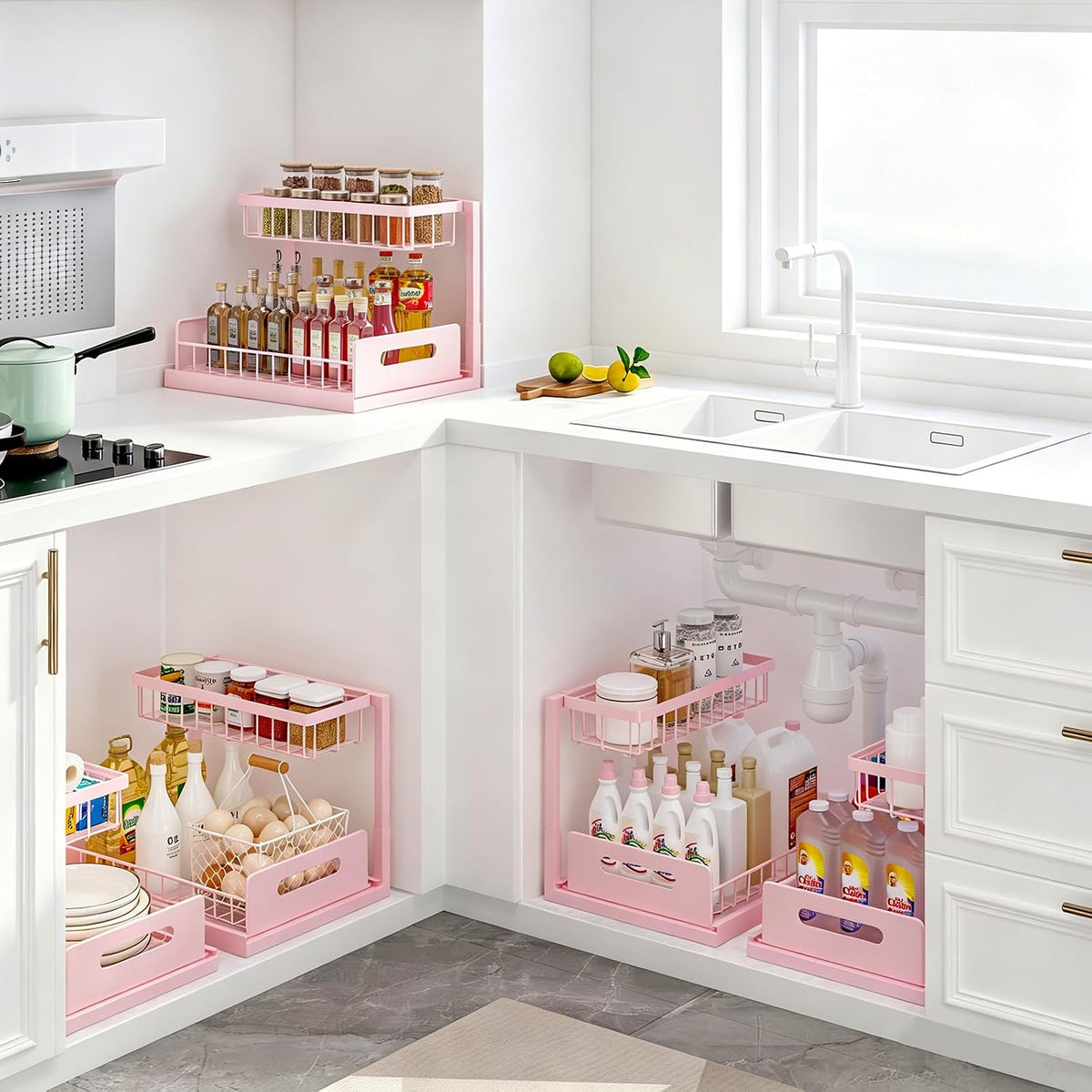 REALINN Pink Under Sink Organizer, 2 Tier Slide-Out Kitchen Cabinet Shelf