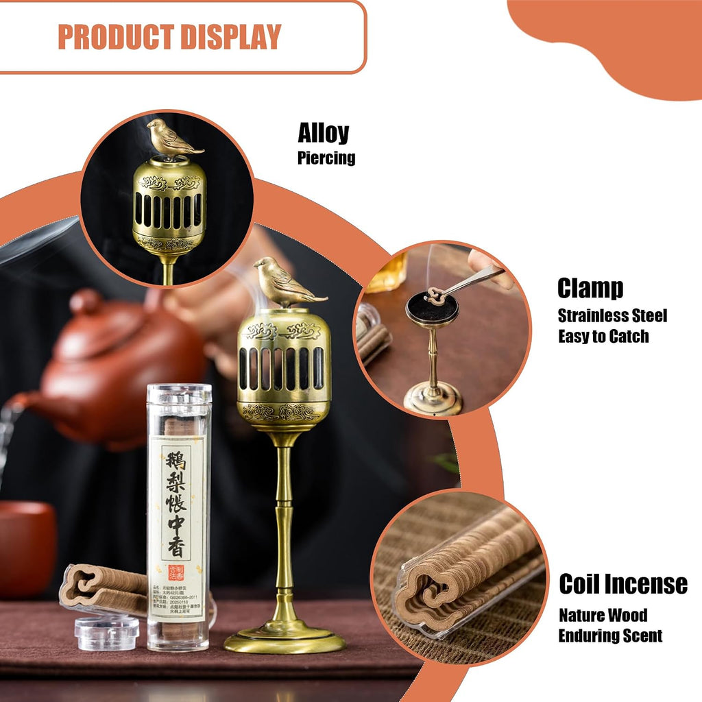 Oriental Sparrow Incense Burner Holder with 40 Pcs Incense Coils