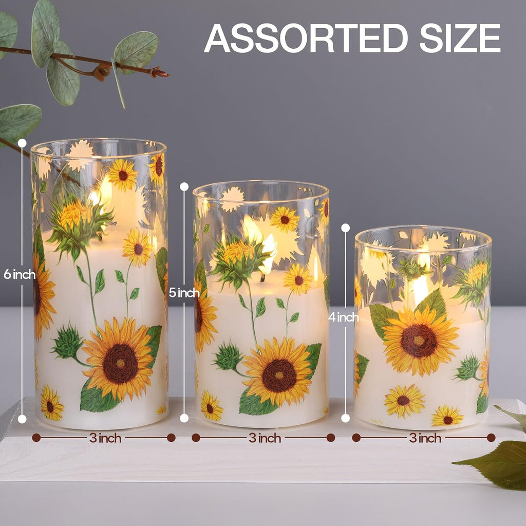 Sunflower Glass Flameless Pillar Candles with Remote Set of 3