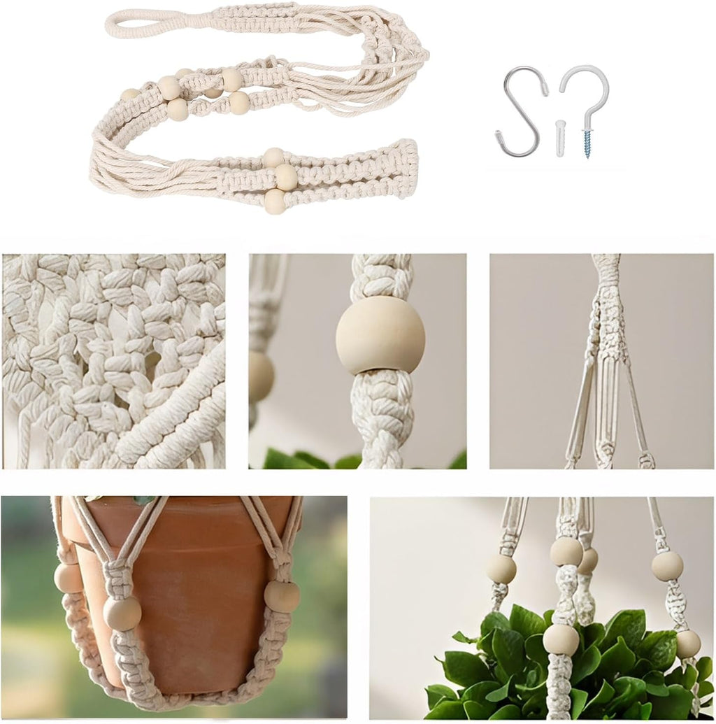 Macrame Plant Hanger 35", No Tassel Hanging Plant Holder, Sturdy Flower Pot Holder with 2 Hooks - Ivory