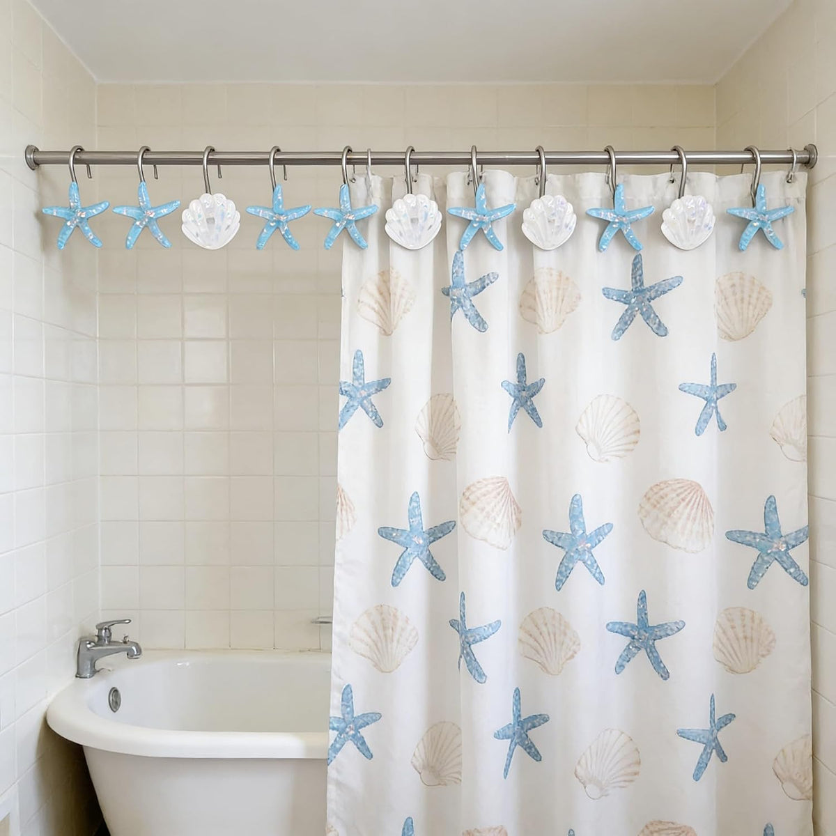 Twofishes Blue Seashell Shower Curtain Hooks S/12 Ocean White Starfish Style Shower Curtain Rings Pack of 12 White Shell Shower Rings Set of 12