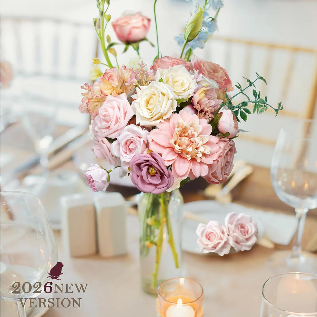 Pink Artificial Flowers Combo Silk Mix Fake Flowers with Stem for DIY Wedding Arch Bridal Bouquets Baby Shower Centerpieces Party Wall Home Decorations