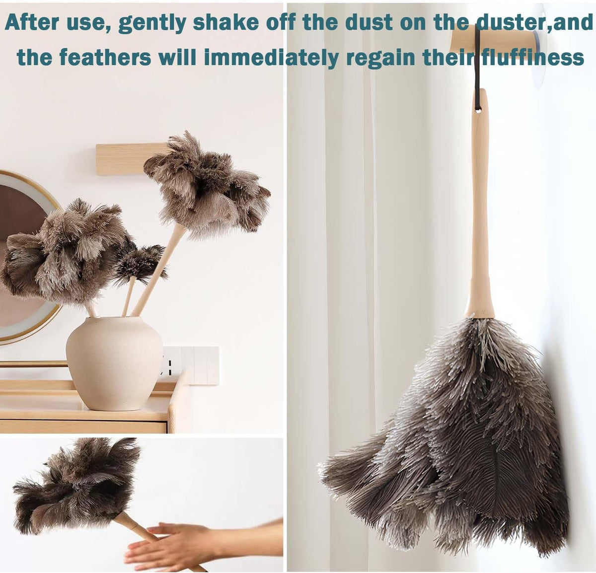 DDZMZ Ostrich Feather Duster for Cleaning with Wooden Handle, 16", Brown