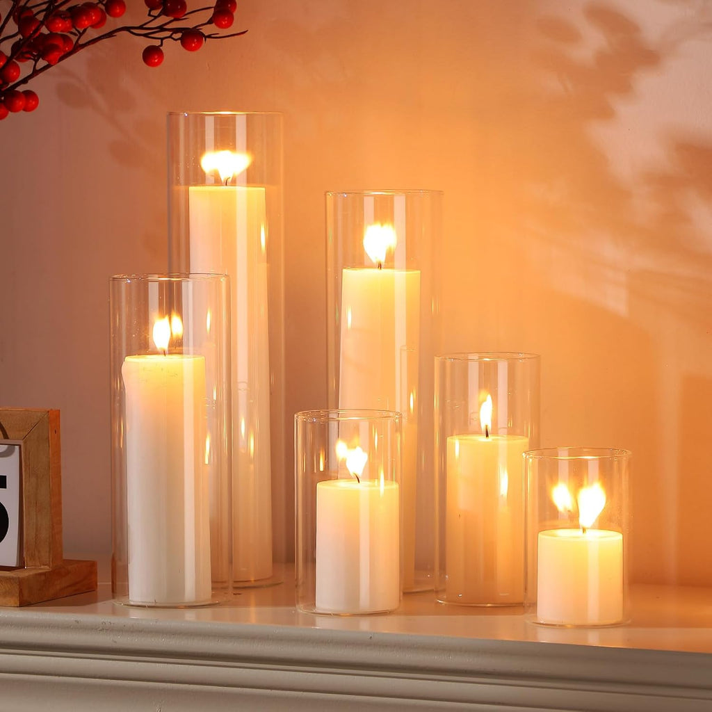 Shihanee 6 Glass Cylinder Vase Pillar Candle,White,Set of 6