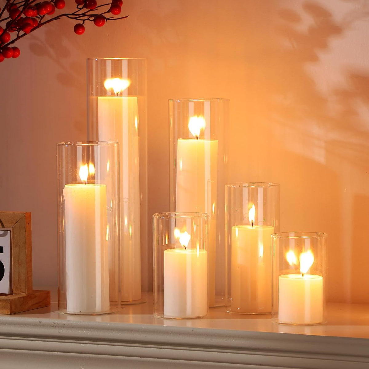 Shihanee 6 Glass Cylinder Vase Pillar Candle,White,Set of 6