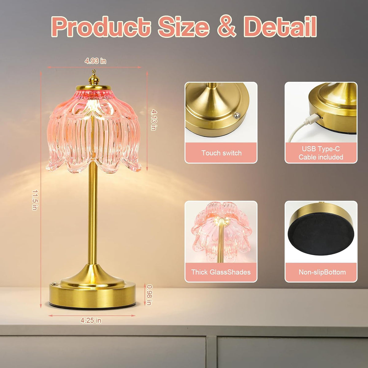 Cordless Table Lamp, Rechargeable Pink Glass Lotus Flower Lamp