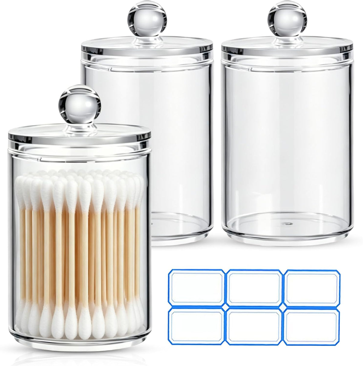3 Pack Acrylic Qtip Holder Dispenser, Vanity Accessories, Qtip Holder for Cotton Ball, Swab and Floss, Small Clear Bathroom Storage Jars for Makeup Counter