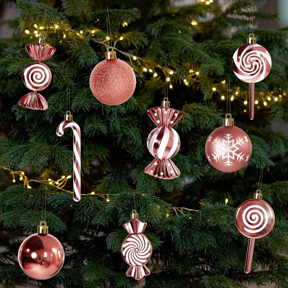 36 Pcs Christmas Ornaments, MOYEE Shatterproof Plastic Christmas Ornaments for Tree - Candy Cane Christmas Decorations Candies Christmas Ball Ornaments (Rose Gold)