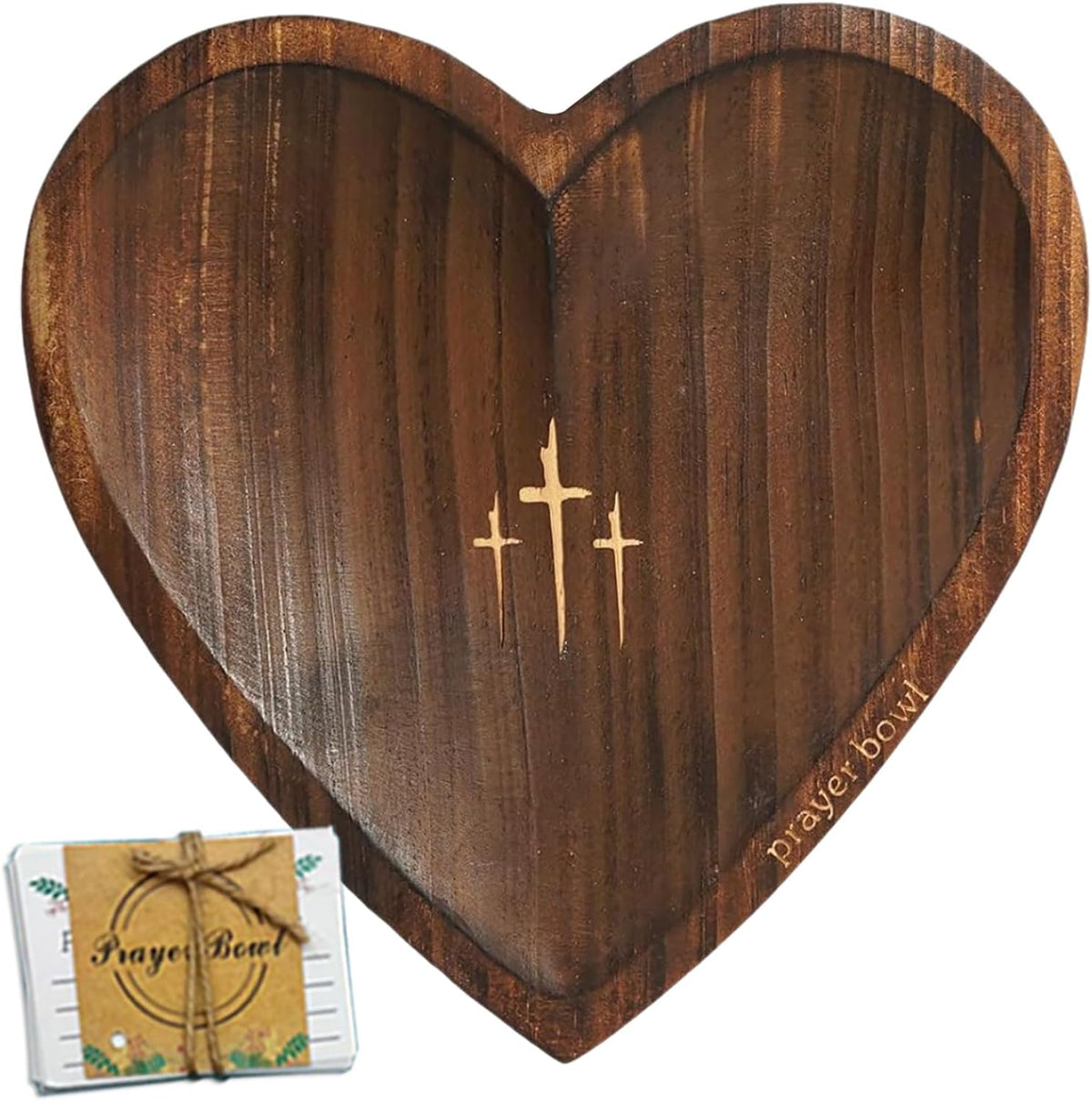 Heart Prayer Bowl Wooden with 24 Cards, Religious Prayer Dough Bowl with Cross, for Religious Christian Congregation Women Decor Gifts