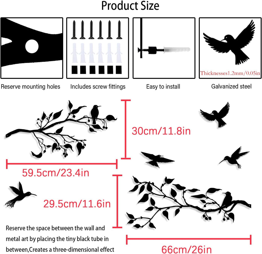 Harikikochuu 4PCS Large Birds on Branch Metal Wall Art Decor,Black Leaves with Birds Silhouette Art Metal Leaves with Hummingbirds Outdoor Wall Decor for Livingroom Balcony Garden Patio Decor.