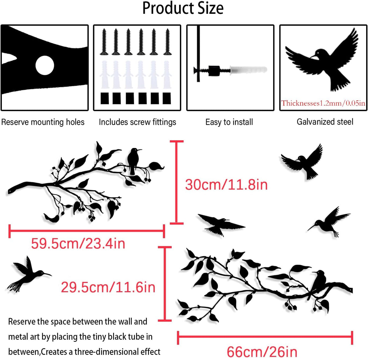 Harikikochuu 4PCS Large Birds on Branch Metal Wall Art Decor,Black Leaves with Birds Silhouette Art Metal Leaves with Hummingbirds Outdoor Wall Decor for Livingroom Balcony Garden Patio Decor.