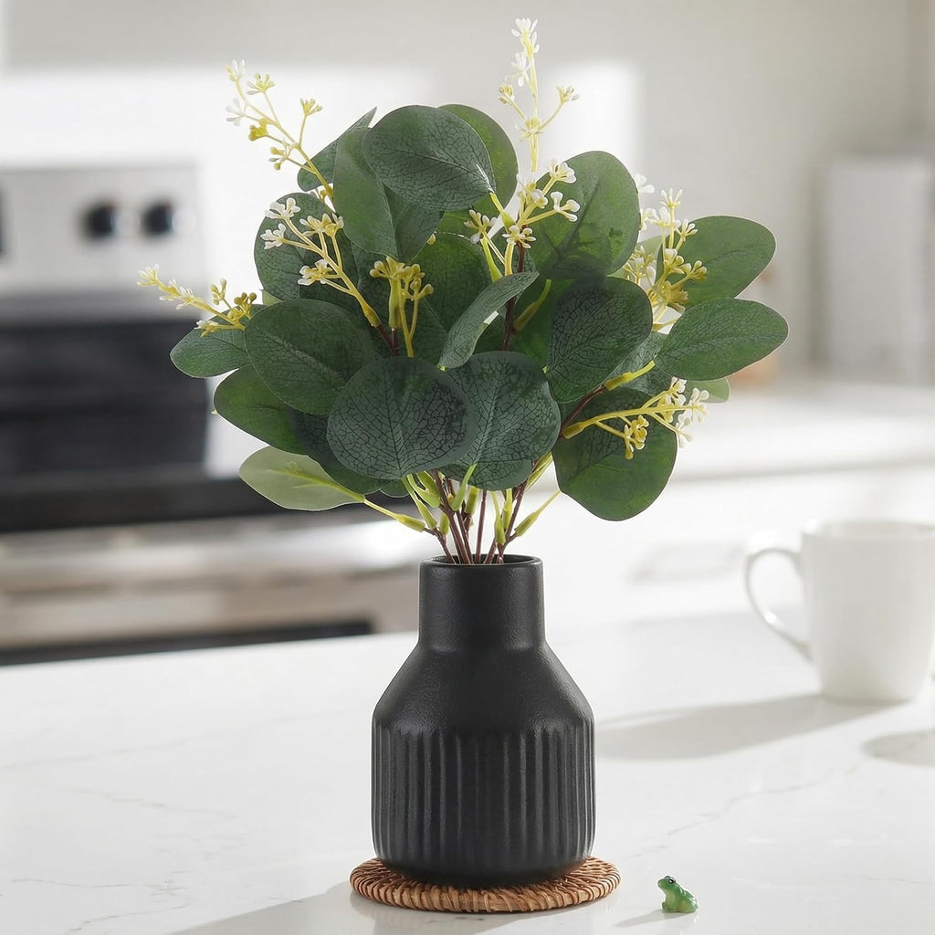 Artificial Eucalyptus Greenery Stems in Ceramic Vase,10Pcs Fake Plants Eucalyptus Leaves faux Plants for Centerpiece Table Decorations Home Room Decor office desk decor Greenery Decor indoor (Black)