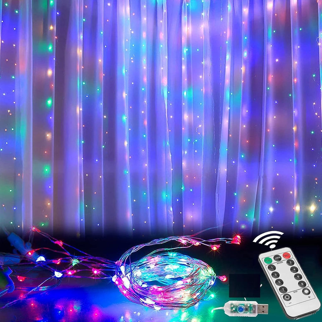 Honche 300Led Cuttable Curtain String Lights 10x10ft with Remote Window Lights for Bedroom Wedding Party Festive Season Propose Marriage (Colorful)