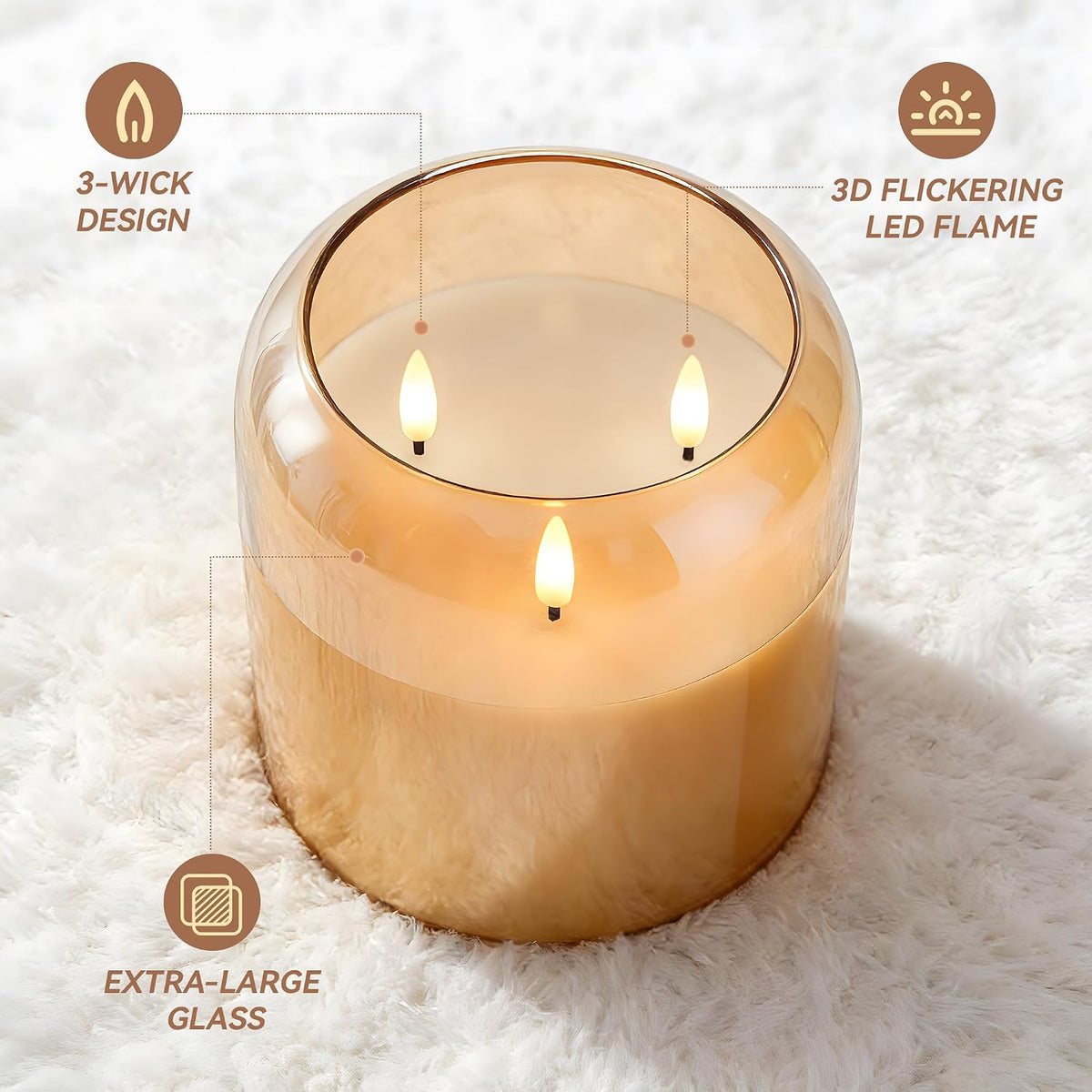 3 Wick Flameless Candle with Remote, Gold Glass, Wax, Battery Operated LED