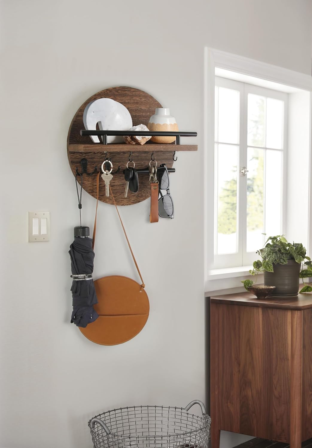 Gurfuy Key Holder for Wall with Shelf - Wood Mail Organizer and Rack with Shelf Hooks Wall Mounted for Entryway Decor Magazines Letter Storage Farmhouse Living Room Bedroom Doorway (Rustic Brown)