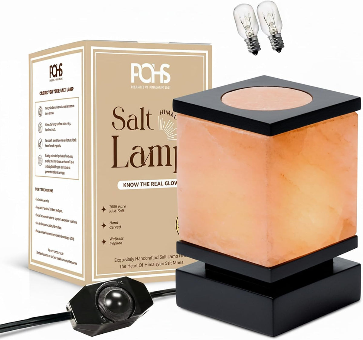 POHS 100% Authentic Himalayan Pink Salt Cube Lamp with Black Wooden Base, Dimmer Switch Cord and Two Bulbs, Night Light for Home and Office Table and Desk, Gift and Decor