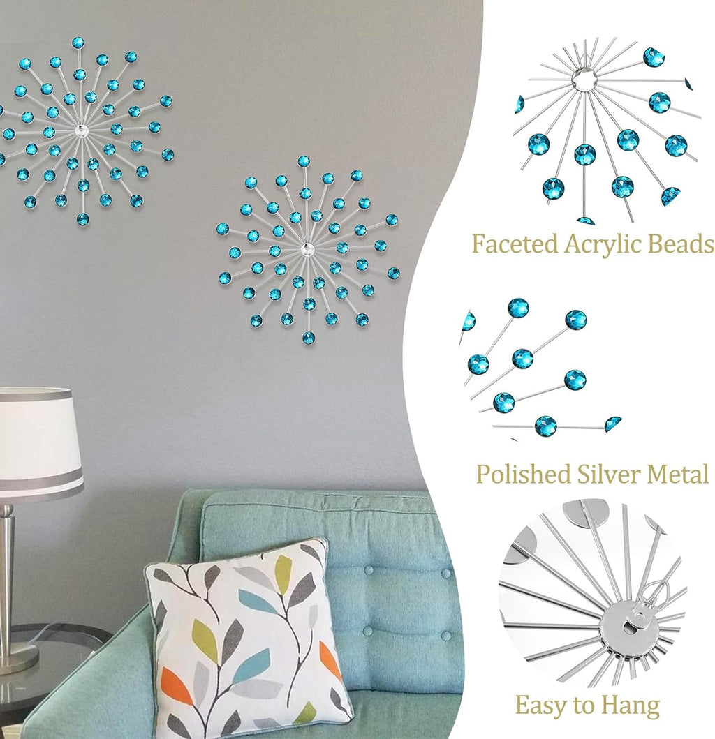 SIYIKRYP Set of 3 Crystal Sunburst Wall Decor – 9.8" Metal Wall Art with Blue Rhinestone Accents – Modern 3D Starburst Hanging Ornaments for Living Room, Bedroom, Office