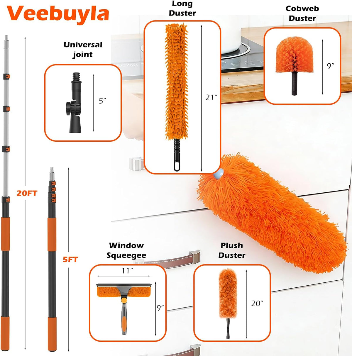 16FT Reach High Ceiling Duster Kits with 3-12FT Adjustable Pole - Includes Extra Long Duster, High Ceiling Duster, Rotatable Window Squeegee & Cobweb Duster for Ceiling Fans and Whole House Cleaning