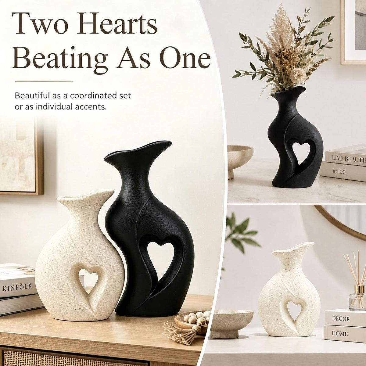 Modern Heart Ceramic Vases Flower Vase Set of 2 (Cream & Black)