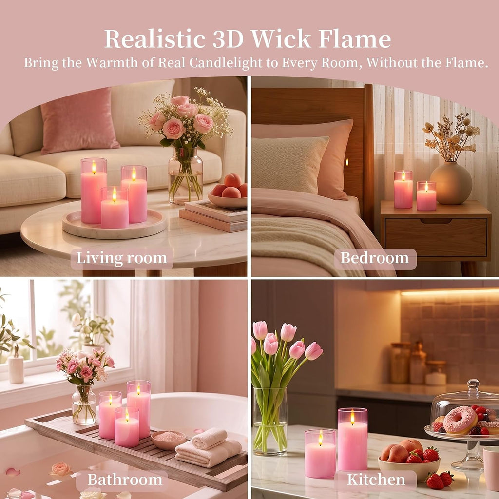 Amagic Pink Glass Flameless LED Candles Battery Operated with Remote Timer