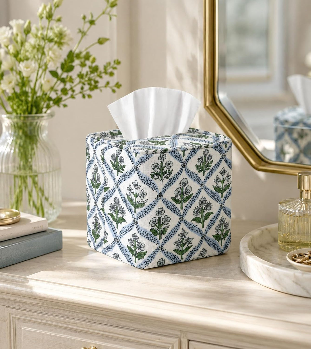 Livelab Cotton Handmade Print Tissue Box Cover – Fabric Decorative Square Napkin Holder, Stylish Tissue Case Facial Paper Cube Cover for Your Home, Officce, Car, Bathroom | Green Flower