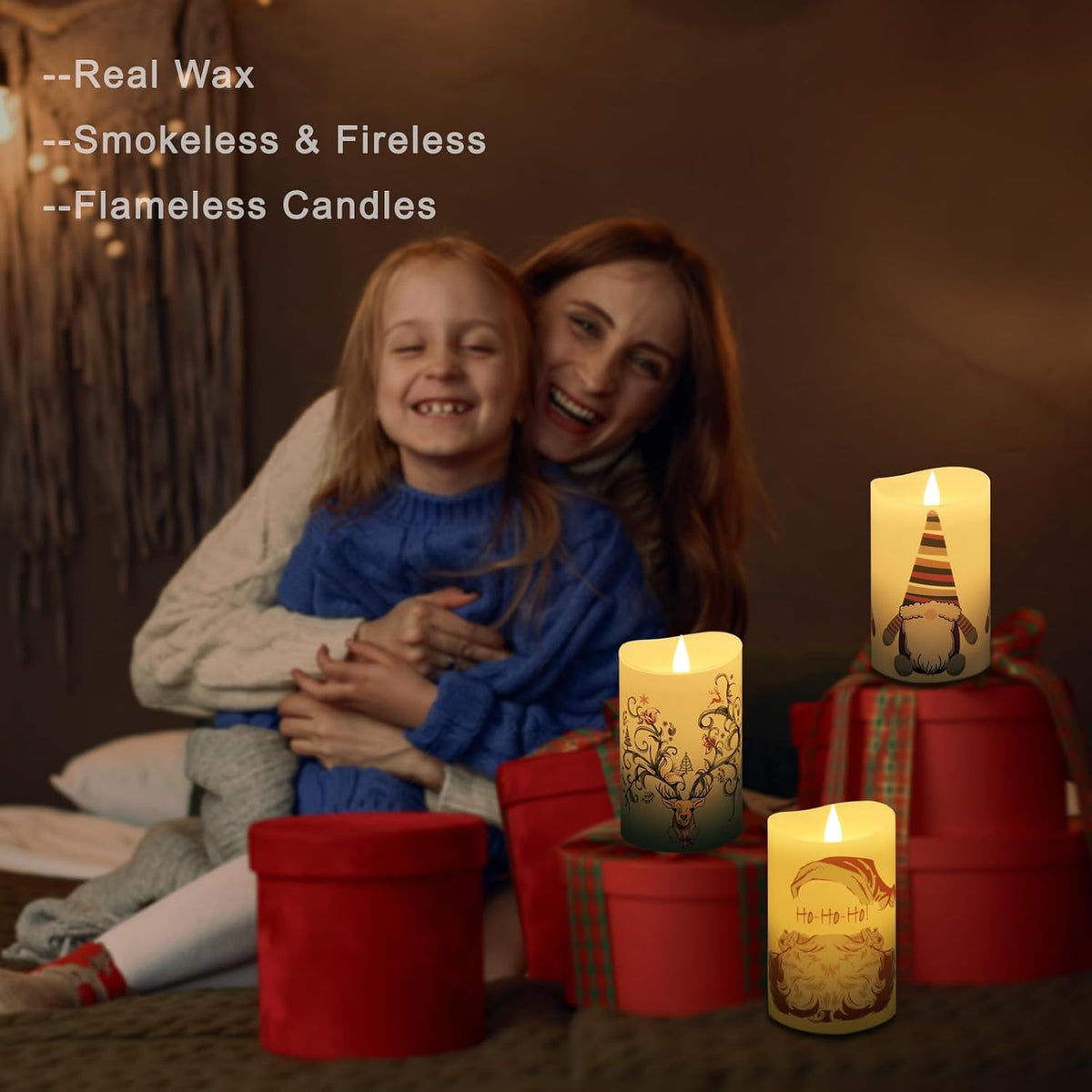 Christmas Flameless Candles with Remote Control, 3"x 5"Battery Operated Flickering 3D Wick Real Wax Pillar Santa Claus Candle