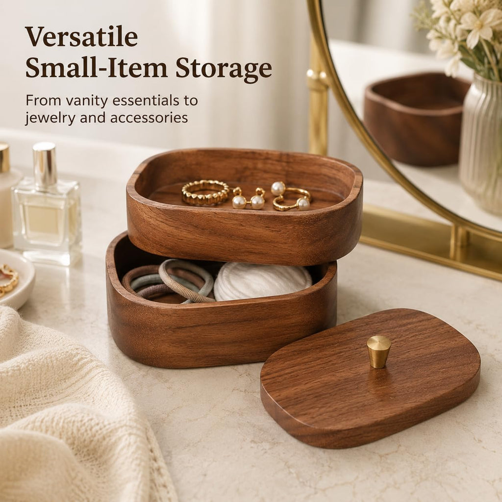 Solid Walnut Bathroom Canister, Cotton Swab and Floss Pick Holder