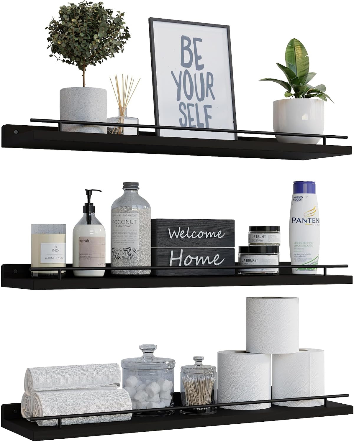 WOPITUES Floating Shelves 24 inch for Wall Decor Set of 3, Black