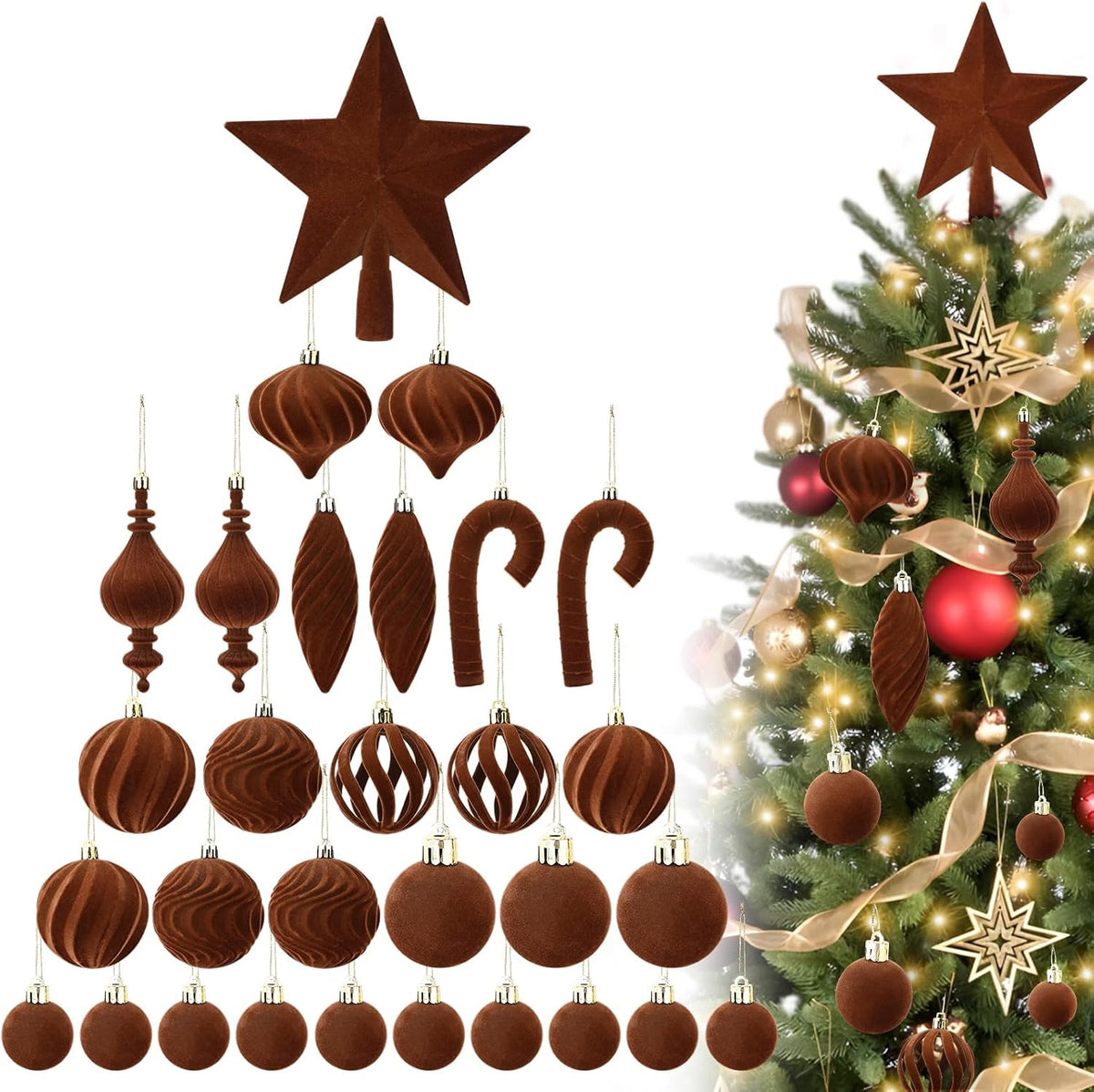 Acostop Brown Velvet Star Christmas Tree Topper & Ornaments Set, 30Pcs
