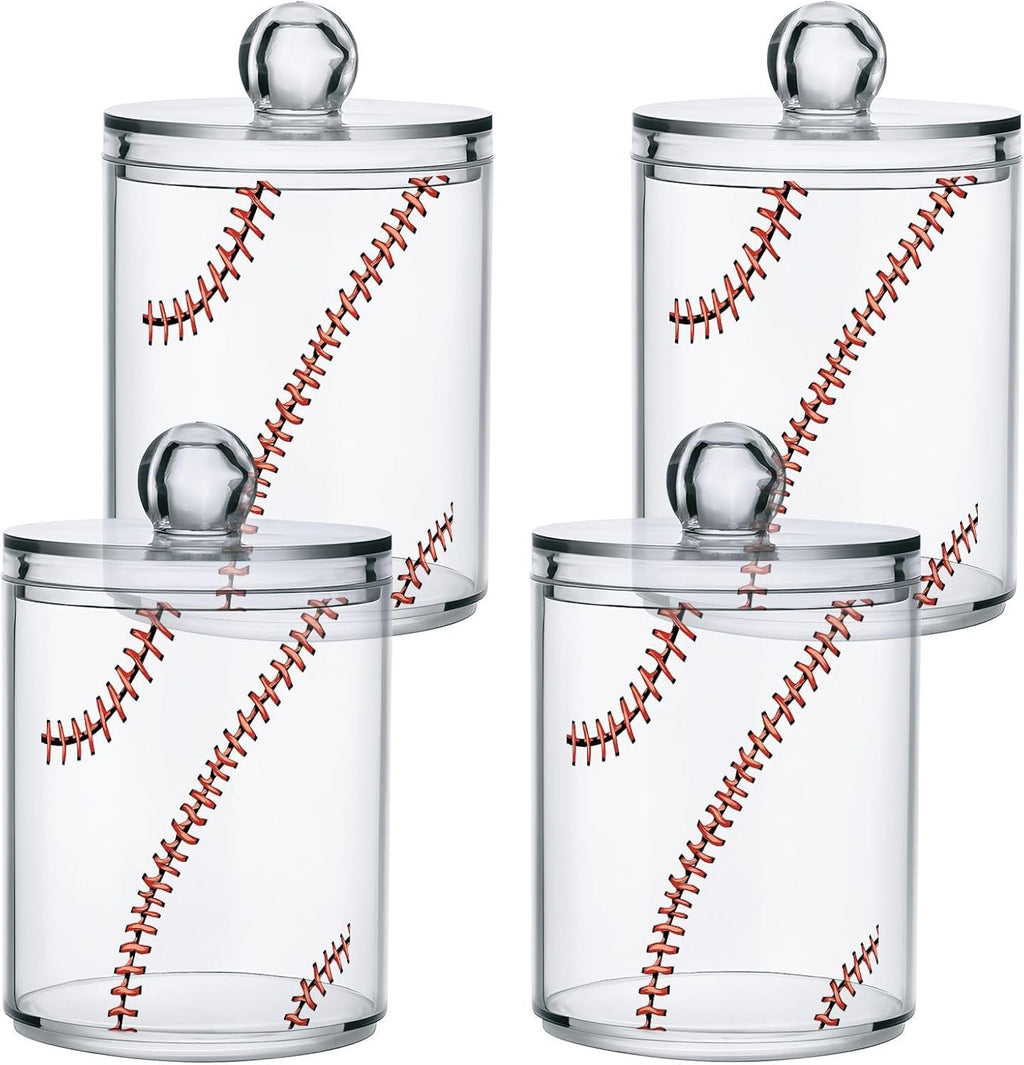 Gredecor 4 Pack Apothecary Jars Baseball Softball Red Lace Qtip Holder Organizer Clear Airtight Canister for Cotton Swabs Storage Acrylic Plastic Jar with Lids
